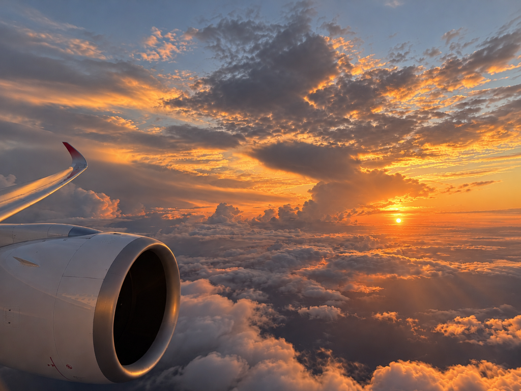 JAL A350の翼とエンジン越しに見る夕暮れの雲海