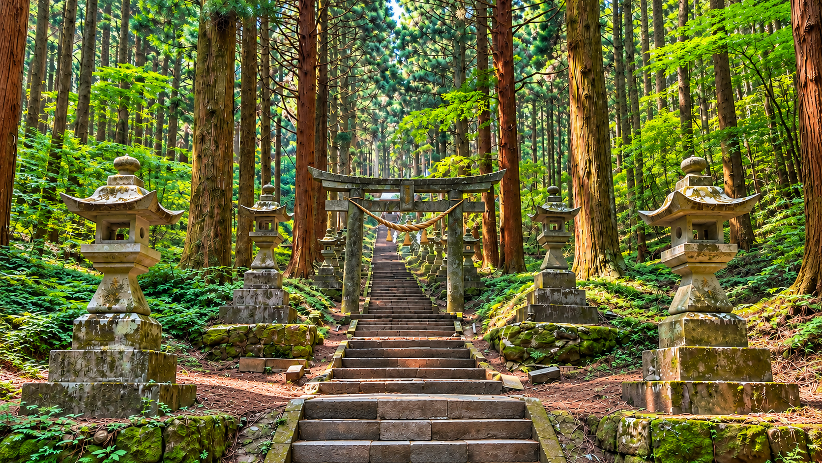 熊本県高森町・上色見熊野座神社の苔むした石灯籠と鳥居が並ぶ杉林の参道
